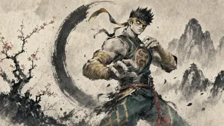 Ink-painted warrior before a crescent brushstroke moon and jagged peaks — Marvel Rivals 4K Ultra HD PC desktop wallpaper and background.