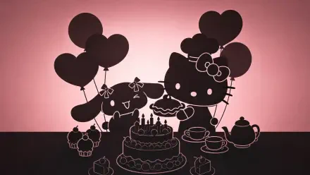 Lovelymocha 4K Ultra HD PC Desktop Wallpaper and Background — pink silhouette of Hello Kitty and a companion with heart balloons, birthday cake, cupcakes and a tea set.