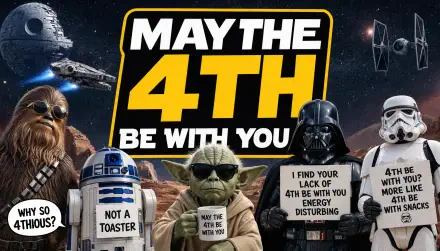 May the 4th 5K Ultra HD PC desktop wallpaper/background: Star Wars scene featuring Yoda, Darth Vader, Chewbacca, R2-D2, a stormtrooper, TIE fighters and the Death Star against a starfield.