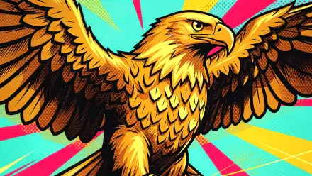 Bold pop-art golden eagle with outstretched wings over cyan, pink and yellow rays — 4K Ultra HD PC desktop wallpaper and background.