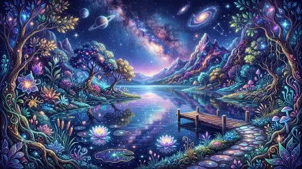 5K Ultra HD PC Desktop Wallpaper and Background: tranquil lake reflecting a starry galaxy and planets, surrounded by glowing fantasy flora, a wooden dock and luminous mountain peaks.