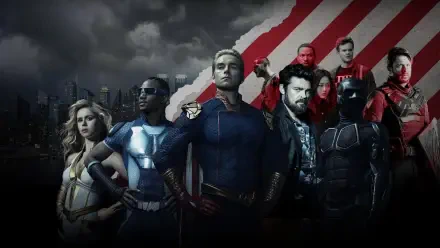 The Boys (2019) TV show 4K Ultra HD PC desktop wallpaper: main superhero ensemble—Homelander front and center, other supes flanking him against a stormy skyline and red-striped backdrop.