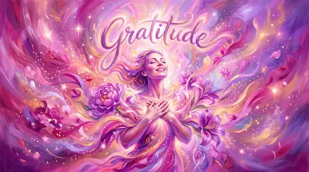 5K Ultra HD PC desktop wallpaper and background — radiant, joyful woman with hands on her heart amid swirling pink, purple and gold floral light; Gratitude scripted above.