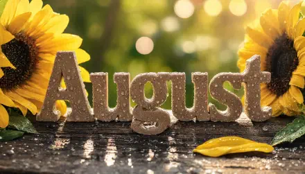 5K Ultra HD PC desktop wallpaper/background: wooden 'August' letters between sunflowers with water droplets and warm bokeh sunlight.
