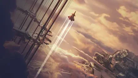 The Wandering Earth — 4K Ultra HD PC desktop wallpaper showing a rocket streaking past tilted skyscrapers and colossal structures beneath dramatic golden clouds.
