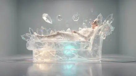 Therapy 4K Ultra HD PC desktop wallpaper: a person reclines on a translucent crystal chaise, gentle blue glow and floating shards in a calm, futuristic room.