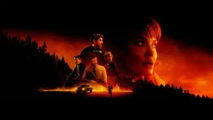 Those Who Wish Me Dead — 4K Ultra HD PC desktop wallpaper and background: blazing orange wildfire sky over dark forest, layered faces and figures, lone rider and vehicle in foreground.