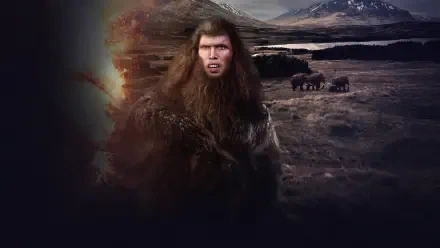 Quest for Fire 4K Ultra HD PC desktop wallpaper and background: snarling prehistoric human in furs by a glowing flame, tundra with mammoths and distant snow-capped mountains.
