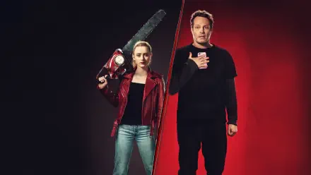 Freaky (movie) 4K Ultra HD PC desktop wallpaper: two characters split by a diagonal line—one in a red jacket wielding a chainsaw, the other with a hand to chest, on a dark red backdrop.