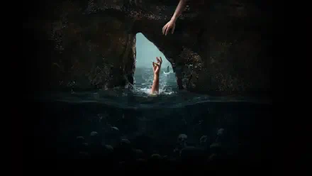 The Devil's Mouth — 4K Ultra HD PC desktop wallpaper: dark sea cave shaped like a gaping mouth, a drowning hand reaches up through churning water toward a hand extending from the cave rim.