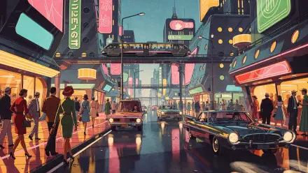 Vibrant neon-lit street scene at dusk, retro cars and crowds beneath an elevated train; 4K Ultra HD PC desktop wallpaper and background.
