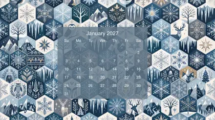 5K Ultra HD PC desktop wallpaper: January 2027 calendar over a blue hexagonal mosaic of snowflakes, winter trees and deer.