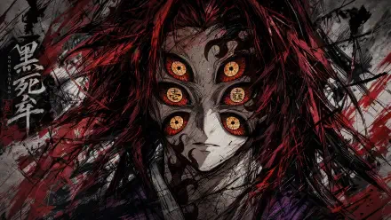 Kokushibo (Demon Slayer) demon with six golden eyes, wild crimson hair and dark inked markings — intense 4K Ultra HD PC desktop wallpaper background.