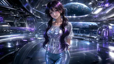 The Fragrant Flower Blooms With Dignity — Kaoruko Waguri, anime woman in a shimmering silver suit, posed in a glossy futuristic chrome chamber; 4K Ultra HD PC desktop wallpaper.