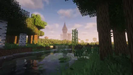 Minecraft landscape with shader lighting: serene river and reeds in foreground, sunlit birch and oak trees framing a distant stone castle — HD PC desktop wallpaper background.