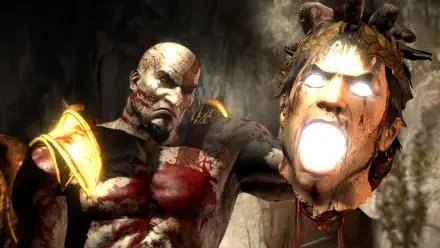 God of War III HD PC desktop wallpaper/background: Kratos, bloodied and armored, holding a glowing severed head against a dark, cavernous backdrop.