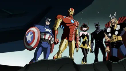 HD PC desktop wallpaper and background of The Avengers: Earth's Mightiest Heroes — animated Iron Man, Captain America, Wasp, Black Panther and Thor standing ready.