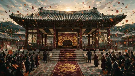 4K Ultra HD PC Desktop Wallpaper and Background: panoramic imperial throne hall at sunset, ornate roof and golden throne, red carpet, attendants and falling autumn leaves creating dramatic atmosphere.