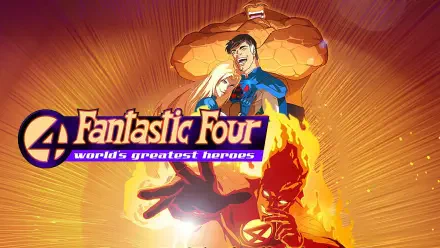 Fantastic Four: World's Greatest Heroes 4K Ultra HD PC wallpaper — Thing, Mr. Fantastic, Invisible Woman and Human Torch on a radiant orange background with the series logo.