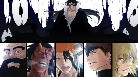Bleach: Thousand-Year Blood War 4K Ultra HD PC wallpaper — dramatic montage with a towering dark figure above and six close-up character portraits below, all with intense expressions and shadowed tones.