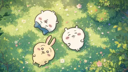 Chiikawa trio resting on a sun-dappled grassy meadow with flowers — 4K Ultra HD PC desktop wallpaper and background.