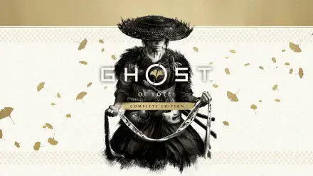 Video game HD PC desktop wallpaper of Ghost of Yōtei: lone samurai in a straw hat holding a curved sword, rendered in monochrome ink with gold leaf flecks and the game's title centered.