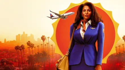 Jackie Brown 4K Ultra HD PC desktop wallpaper: woman in blue flight-attendant suit before a large orange sunburst, plane overhead and palm-lined city sunset.
