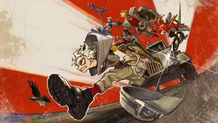 Gachiakuta: stylized character leaping with mech sidekicks and a crow across bold red-white rays — 4K Ultra HD PC desktop wallpaper and background.