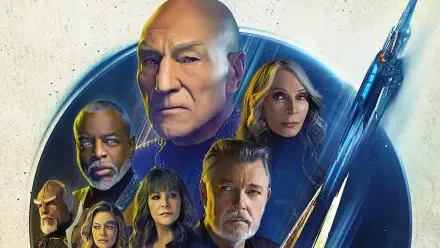 Star Trek: Picard HD PC desktop wallpaper showing the crew clustered before a starship and starry cosmic backdrop, lit with dramatic highlights and cool blue tones.