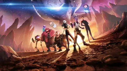 Star Trek: Prodigy 4K Ultra HD PC desktop wallpaper/background of the crew on a rocky alien world with their ship and a glowing nebula filling the sky.