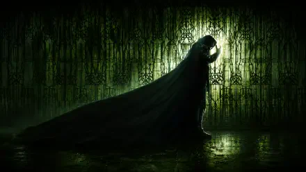 Avengers: Doomsday 4K Ultra HD PC desktop wallpaper — cloaked antagonist silhouetted against a glowing green, circuit-like wall, cape trailing across a reflective floor.