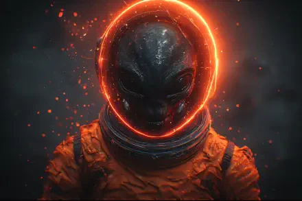 Digital art 2K Quad HD PC desktop wallpaper of The Grey: a dark alien in a space suit with a glowing orange halo and drifting embers.