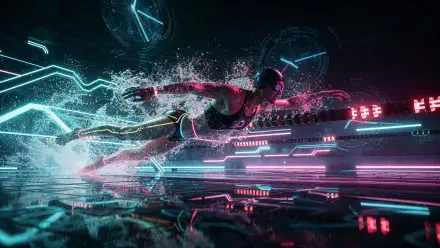 4K Ultra HD PC desktop wallpaper: sprint swimmer athlete powering through neon-lit water, motion trails and futuristic digital light streaks.