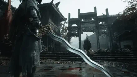 HD PC desktop wallpaper: Phantom Blade Zero video game scene — cloaked swordsman grips a curved sword in rain before a temple gate, moody high-definition background