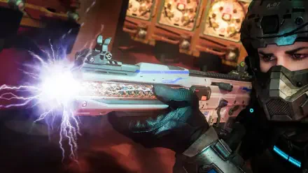 HD PC desktop wallpaper from the video game Call of Duty: Black Ops 7: masked soldier aims a futuristic gun firing blue electrical energy.