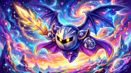 Meta Knight soars with glowing sword and outstretched bat-like wings amid a swirling, vibrant cosmic nebula — 5K Ultra HD PC desktop wallpaper/background.