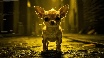 Chihuahua standing on a wet cobblestone street at night, dramatic golden backlighting and reflections — 4K Ultra HD PC desktop wallpaper/background.