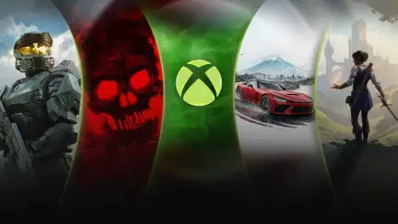 2K Quad HD PC desktop wallpaper — Xbox video game collage with central glowing Xbox logo flanked by armored soldier, red skull motif, racing car and lone explorer in a scenic vista.