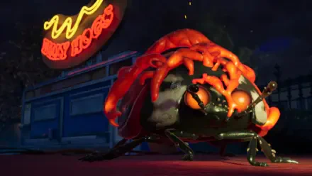 4K Ultra HD PC desktop wallpaper from the video game Grounded 2: a giant, glossy ladybug insect with glowing orange shell crawling across a dim suburban street at night.