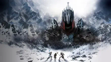 4K Ultra HD PC Desktop Wallpaper and Background: The Lord of the Rings: War in the North — a towering armored dark lord looms over a snowy mountain pass as three warriors advance.