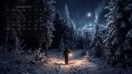 January 2027 calendar on a 5K Ultra HD PC desktop wallpaper: snowy winter forest at night, crescent moon and stars, a lone figure holding a lantern on a snow-covered path.