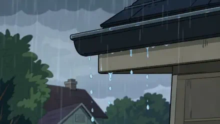 4K Ultra HD PC desktop wallpaper: close-up of raindrops falling from a house roof and eaves, rainy neighborhood with blurred houses and trees beyond.