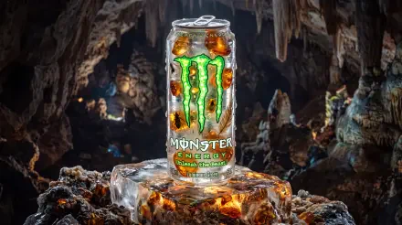 5K Ultra HD PC desktop wallpaper: Monster Energy drink can with glowing green claw logo on a crystalline rock in a dark cavern.