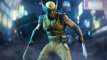 Superhero Wolverine from Marvel's Wolverine video game in X‑Men yellow suit, claws extended against a rainy neon cityscape — 2K Quad HD PC desktop wallpaper and background.