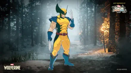 HD PC desktop wallpaper of Marvel's Wolverine (X‑Men video game): yellow-and-blue superhero stance with claws extended in a misty forest.