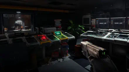 4K Ultra HD PC desktop wallpaper of a video game control room from Alien Deathstorm: glowing monitors and consoles, colored indicator lights, and a first-person view of a gun.