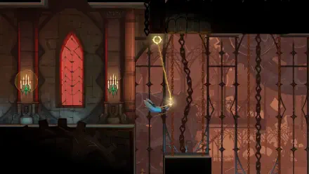 HD PC desktop wallpaper from the video game Castlevania: Belmont's Curse — Belmont swings on a chain through a torchlit castle interior.