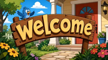 4K Ultra HD PC desktop wallpaper and background: cheerful garden with wooden WELCOME sign, blue bird perched atop, flowers and stone path leading to a house.
