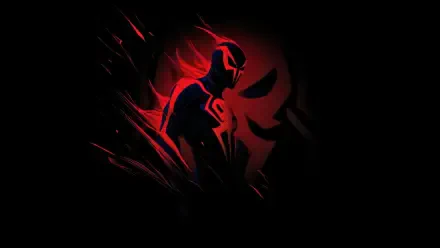 Dark digital art of Spider-Man 2099 silhouette in red and black, dynamic streaks and glowing emblem — 4K Ultra HD PC desktop wallpaper/background.