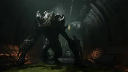 4K Ultra HD PC desktop wallpaper: video game Aliens: Fireteam Elite 2 monster — a towering dragon-like alien in a dark industrial cavern, backlit by eerie green light.